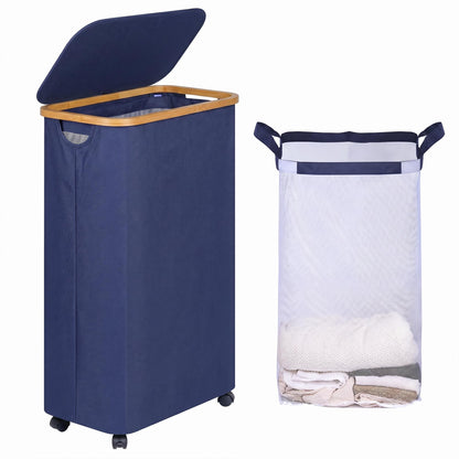 efluky 100L Laundry Basket with Wheels and Lid, Rolling Laundry Hamper with Bamboo Handles and Removable Bag, Dirty Clothes Hamper on Wheels for Laundry Room Organizer, Dorm
