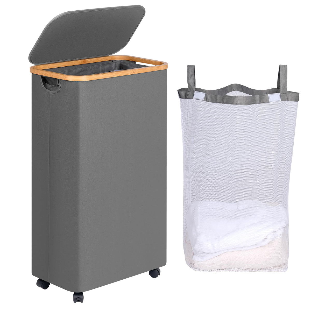 efluky 100L Laundry Basket with Wheels and Lid, Rolling Laundry Hamper with Bamboo Handles and Removable Bag, Dirty Clothes Hamper on Wheels for Laundry Room Organizer, Dorm
