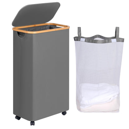 efluky 100L Laundry Basket with Wheels and Lid, Rolling Laundry Hamper with Bamboo Handles and Removable Bag, Dirty Clothes Hamper on Wheels for Laundry Room Organizer, Dorm