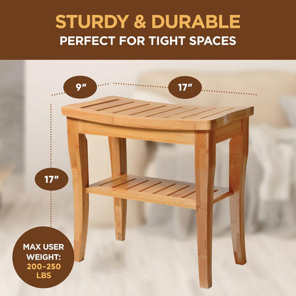 Bamboo Shower Bench - Wooden Shower Stool with Storage Shelf, Non Slip Seat