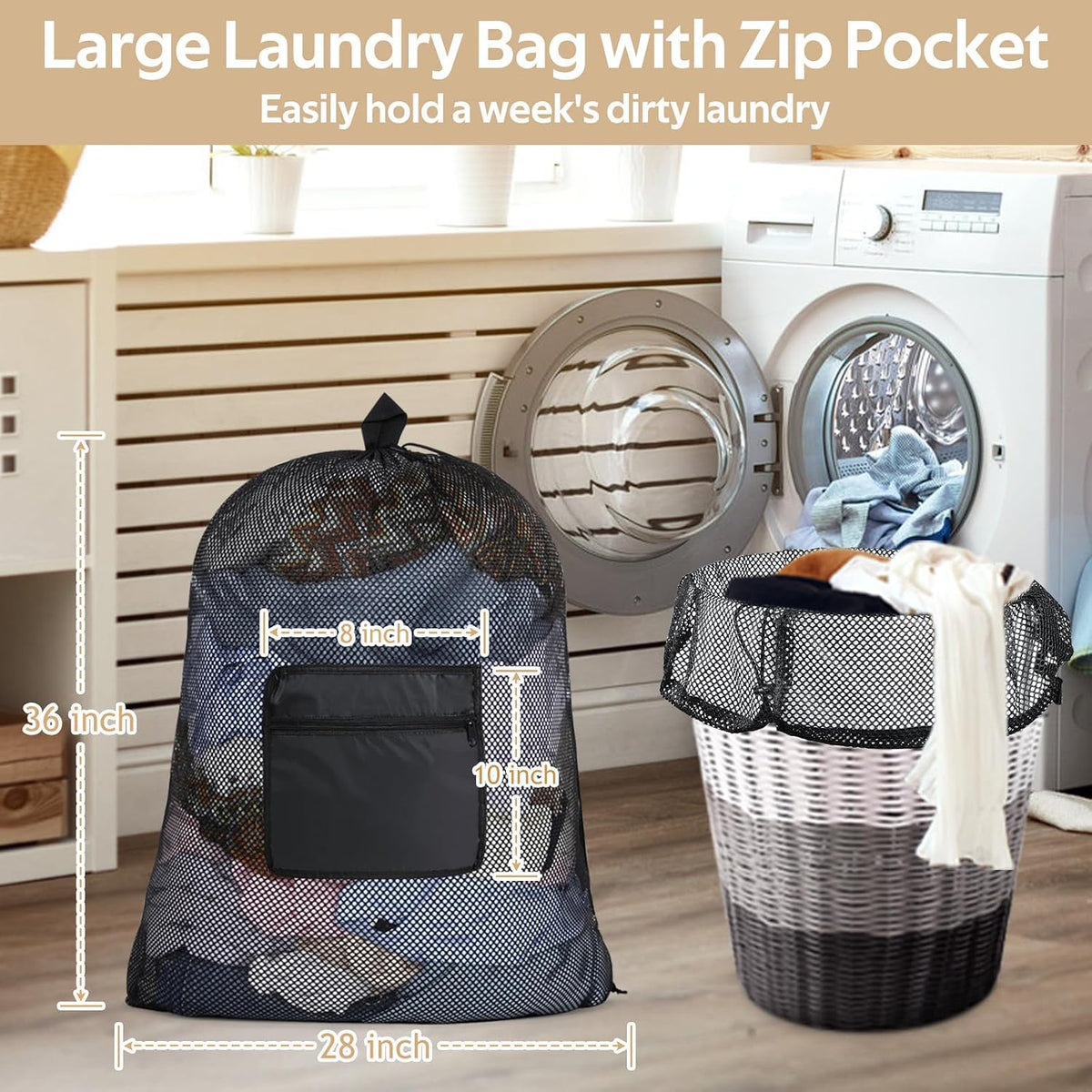 OTraki Mesh Laundry Bags 36 x 28 Inch Extra Large Travel Laundry Bag Backpack Heavy Duty Drawstring Dirty Clothes Laundry Mesh Wash Bag with Shoulder Straps Don't Drying, Melting 140-176℉ Black