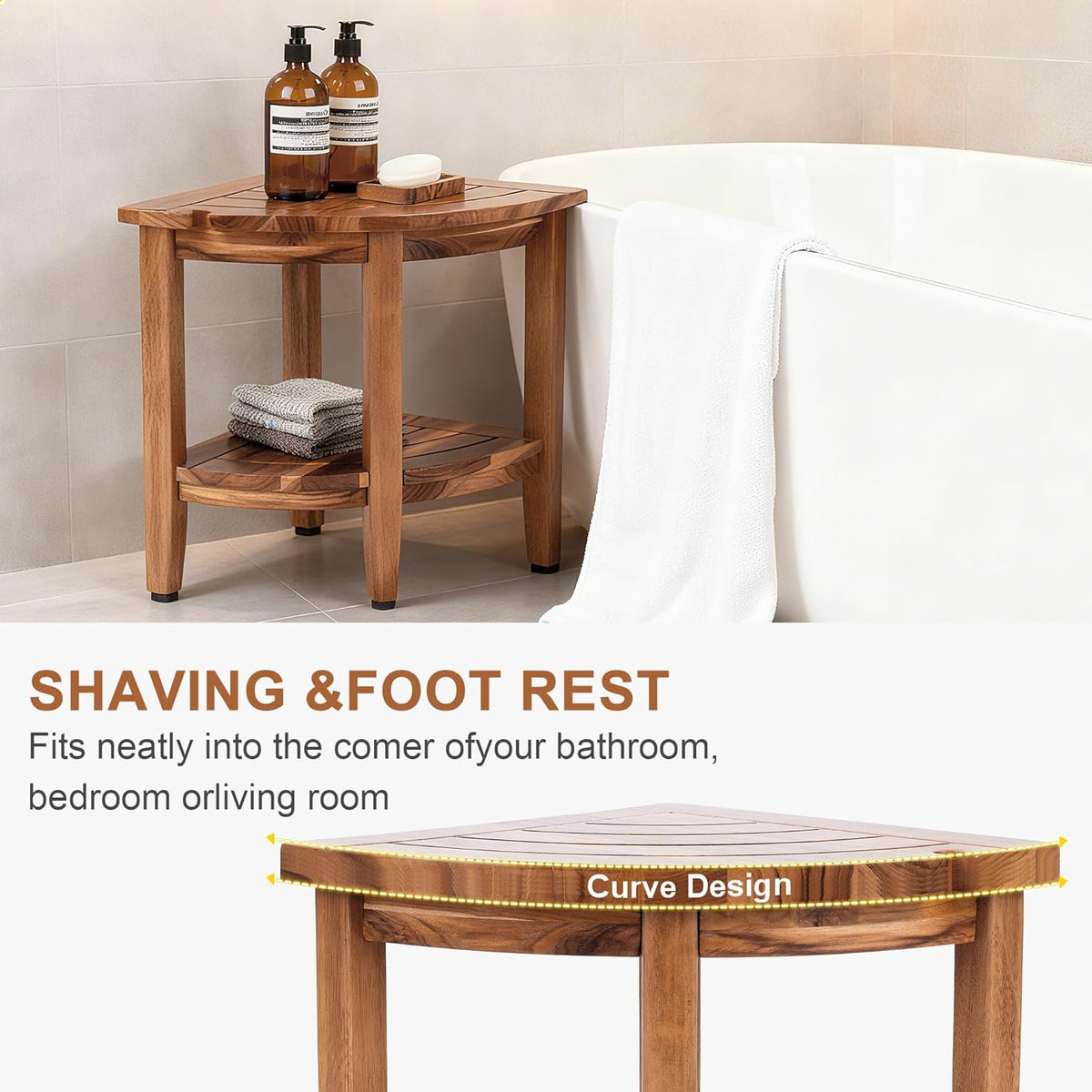 18" Teak Corner Shower Stool, 2-Tier Teak Shower Bench with Storage Shelf, Adjustable Non-Slip Feet, Natural