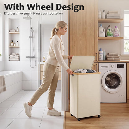 efluky 100L Laundry Basket with Wheels and Lid, Rolling Laundry Hamper with Bamboo Handles and Removable Bag, Dirty Clothes Hamper on Wheels for Laundry Room Organizer, Dorm