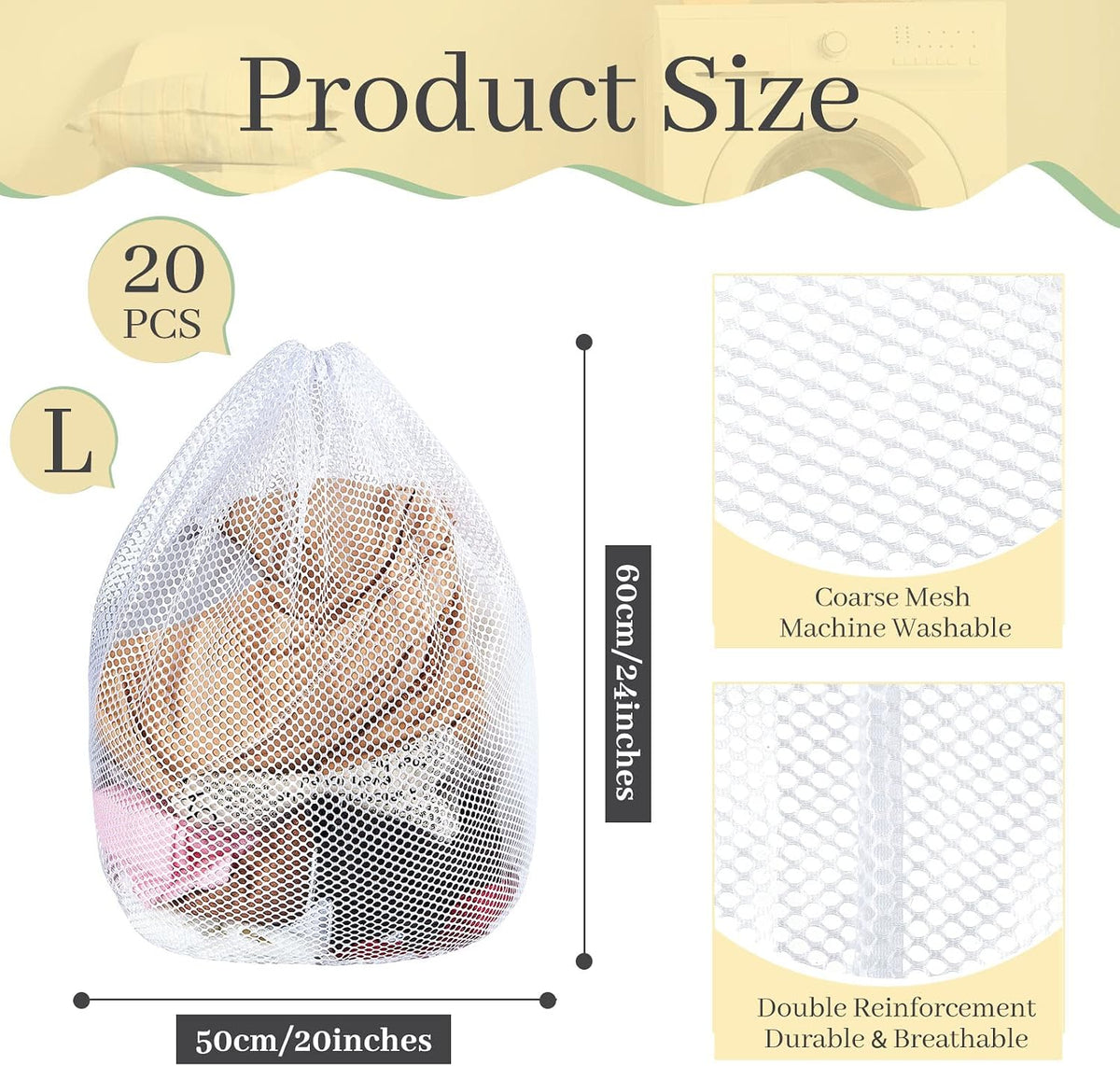20 Pcs Mesh Laundry Bags Bulk with Drawstring 20 x 24'' White Heavy Duty Mesh Bag Machine Washable Sturdy Large Net Laundry Wash Bag for Dormitory College Apartment Travelling Camping