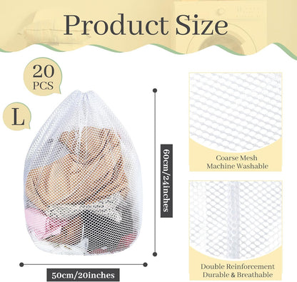 20 Pcs Mesh Laundry Bags Bulk with Drawstring 20 x 24'' White Heavy Duty Mesh Bag Machine Washable Sturdy Large Net Laundry Wash Bag for Dormitory College Apartment Travelling Camping