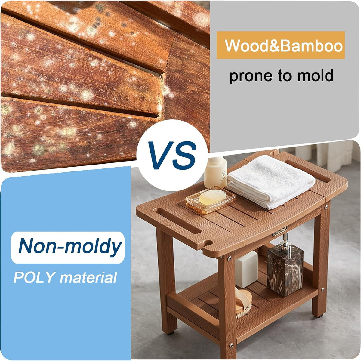 Poly Shower Stool for Inside Shower Waterproof, Shower Bench for Shaving Legs, Heavy Duty Plastic Bathroom Chair Seat with Handles & Adjustable Feet, Foot Rest, No Maintenance, Brown