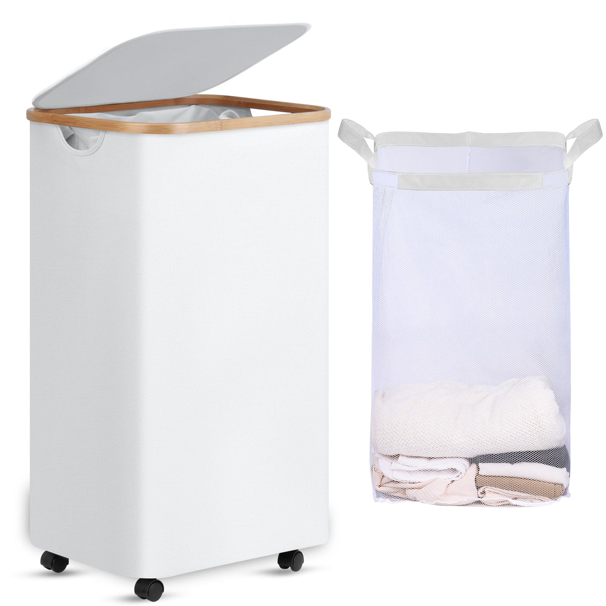 efluky 100L Laundry Basket with Wheels and Lid, Rolling Laundry Hamper with Bamboo Handles and Removable Bag, Dirty Clothes Hamper on Wheels for Laundry Room Organizer, Dorm