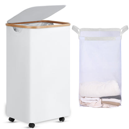 efluky 100L Laundry Basket with Wheels and Lid, Rolling Laundry Hamper with Bamboo Handles and Removable Bag, Dirty Clothes Hamper on Wheels for Laundry Room Organizer, Dorm