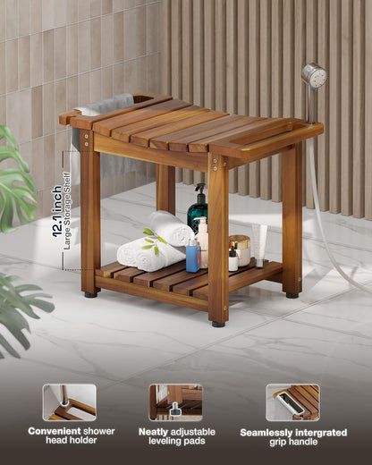 BLUEWEST 23.4 Inch Shower Bench with Storage Shelf, Natural Wood and Handle