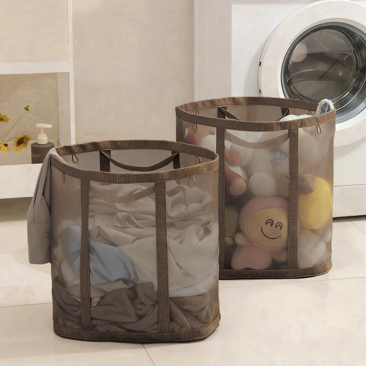 Mesh Bag with Handles, Collapsible Laundry Basket, Foldable Laundry Bag, Breathable Folding Beach Bag,Space-saving Travel Tote Bags (1, Black)