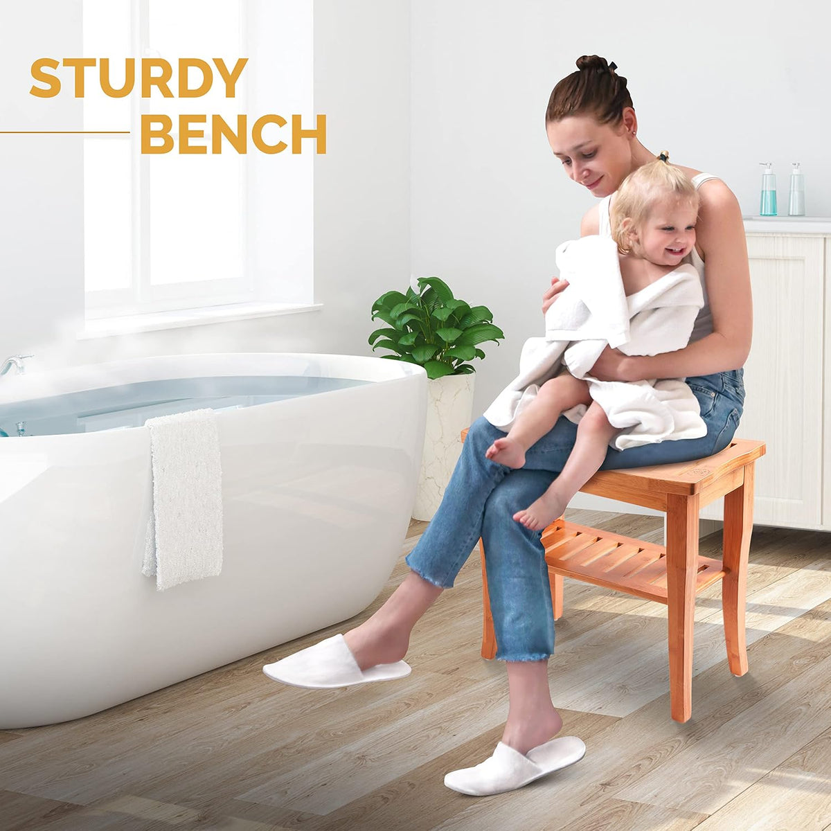 Bamboo Shower Bench - Wooden Shower Stool with Storage Shelf, Non Slip Seat