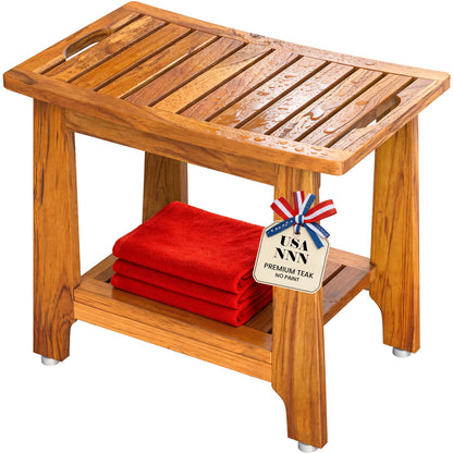 NNN 18" Standard Teak Shower Bench with Japan-Made Non-Slip Leveling Feet