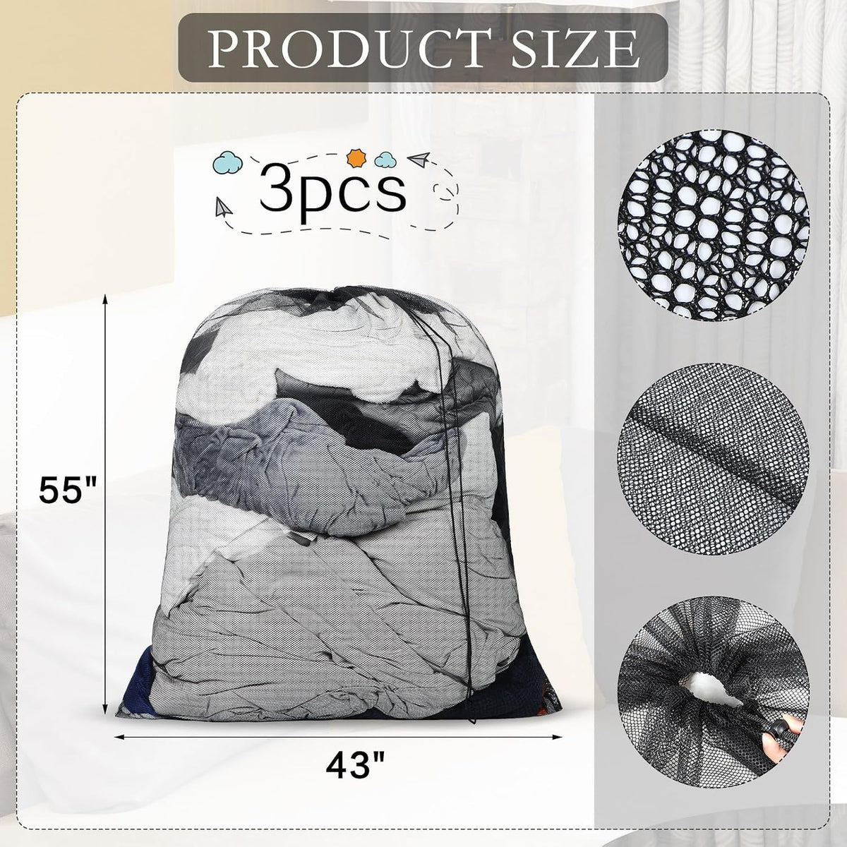 3 Pack Extra Large Mesh Laundry Bags 55" x 43" XL Mesh Laundry Bags