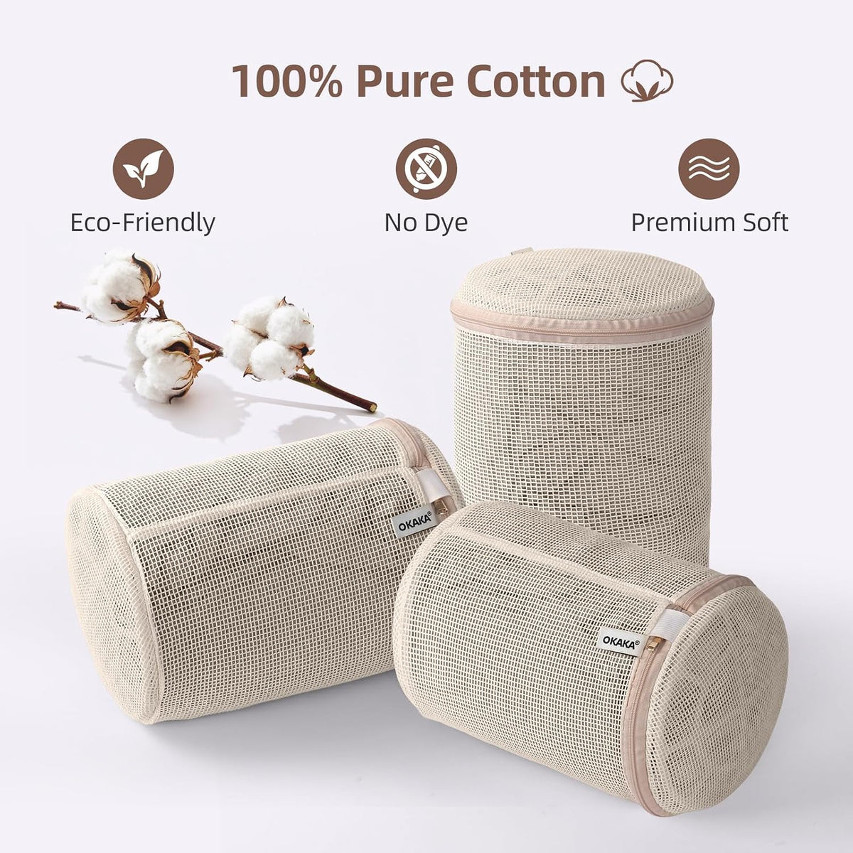 100% Cotton Bra Laundry Bags for Washing Machine, 3 Pack Pure Cotton Mesh Laundry Bags for Delicates, Lingerie, No Dye, Natural(8x6.5 Inch)