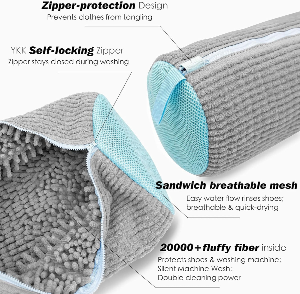 Shoe Washing Machine Bag,Laundry Shoe Bag for Washer and Dryer,Reusable Shoe Cleaning Bag for Sneakers,Tennis Shoes,With Self-locking Zipper, Microfiber Inside (2, Light =Grey)
