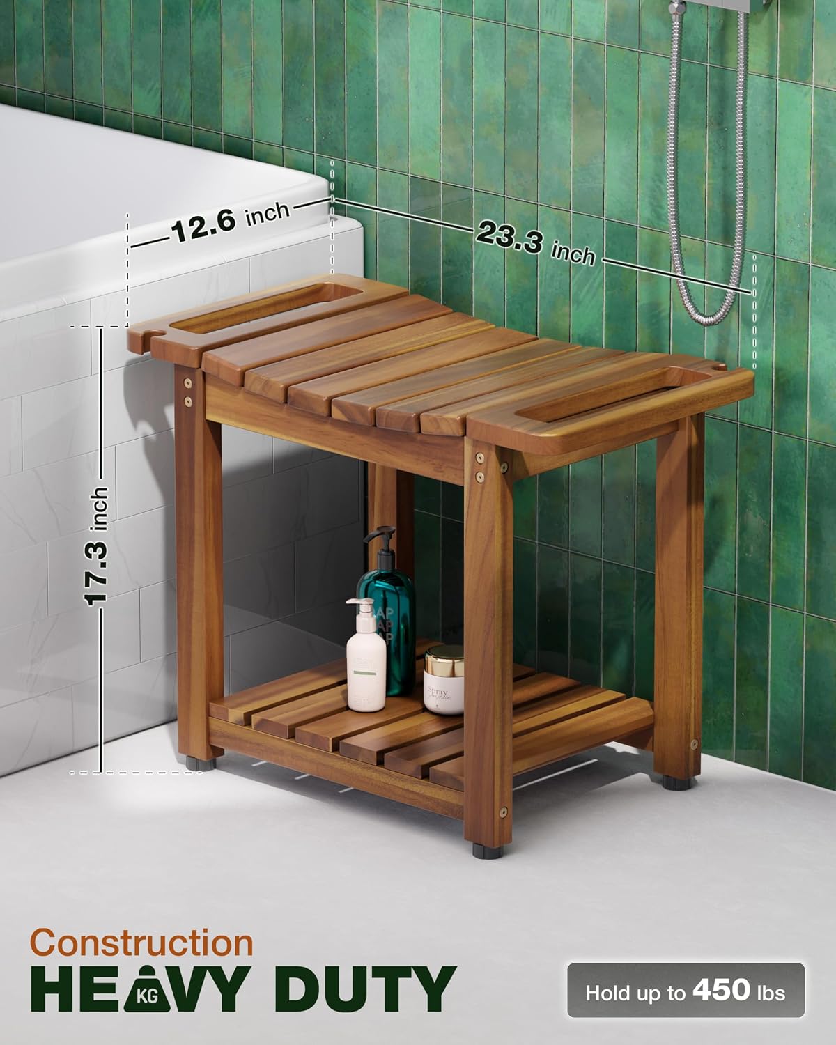 BLUEWEST 23.4 Inch Shower Bench with Storage Shelf, Natural Wood and Handle