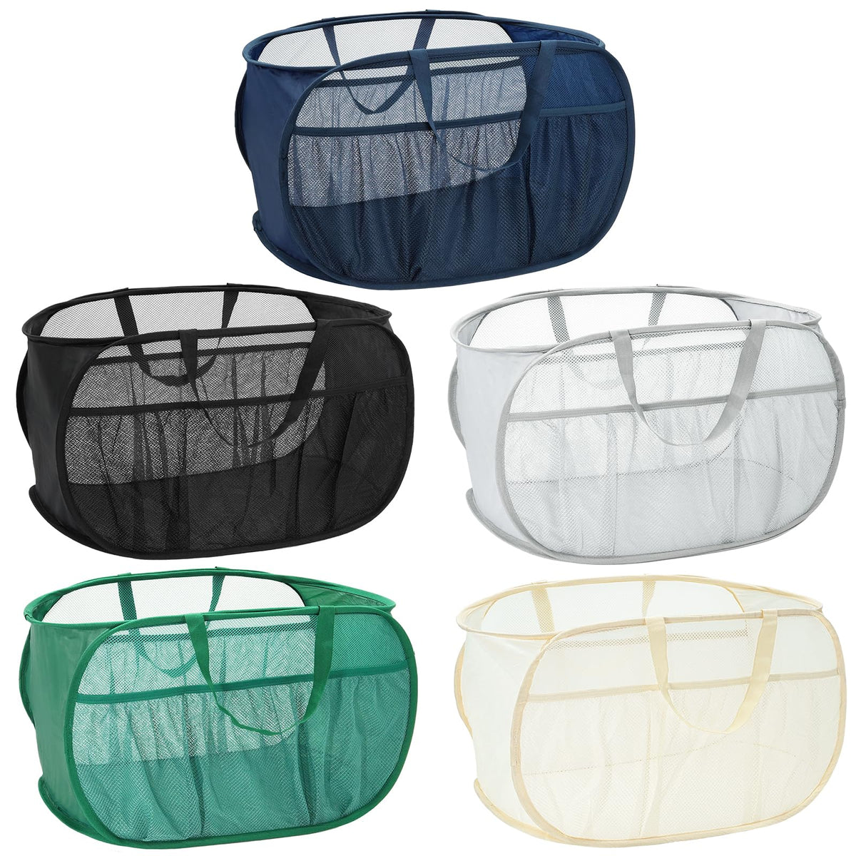 2 Pack Collapsible Laundry Baskets, Upgrade Pop Up Laundry Hamper with Convenient Bags, Foldable Laundry Basket Mesh Light Weight, Easy to Carry Clothes Hampers for Laundry, Dorm, Toys, Travel White