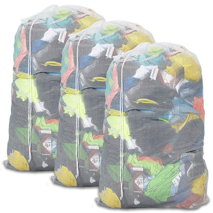 Mesh Laundry Bags with Adjustable Shoulder Strap, 24" x 36" Heavy Duty Nylon, Drawstring Closure, 3-Pack, Mixed Colors