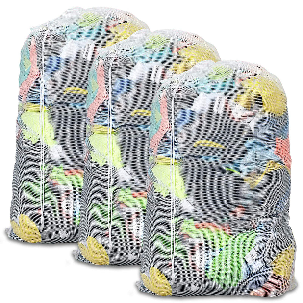 Mesh Laundry Bags with Adjustable Shoulder Strap, 24" x 36" Heavy Duty Nylon, Drawstring Closure, 3-Pack, Mixed Colors