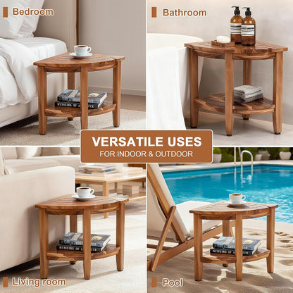 18" Teak Corner Shower Stool, 2-Tier Teak Shower Bench with Storage Shelf, Adjustable Non-Slip Feet, Natural