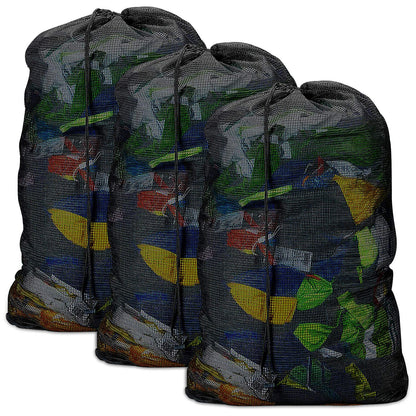 Mesh Laundry Bags with Adjustable Shoulder Strap, 24" x 36" Heavy Duty Nylon, Drawstring Closure, 3-Pack, Mixed Colors