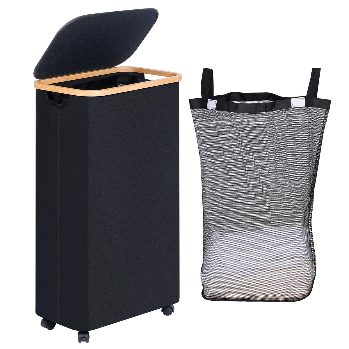 efluky 100L Laundry Basket with Wheels and Lid, Rolling Laundry Hamper with Bamboo Handles and Removable Bag, Dirty Clothes Hamper on Wheels for Laundry Room Organizer, Dorm