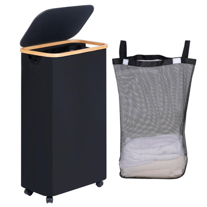 efluky 100L Laundry Basket with Wheels and Lid, Rolling Laundry Hamper with Bamboo Handles and Removable Bag, Dirty Clothes Hamper on Wheels for Laundry Room Organizer, Dorm