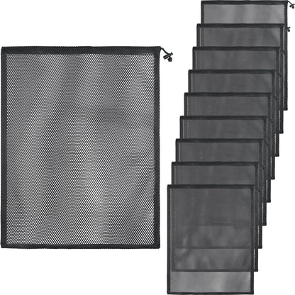 10 Pcs Mesh Drawstring Bag 9" x 12" with Cord Lock Closure, Nylon Durable Heavy Duty Mesh Bag for Laundry Beach Toys Swimming Gym Travel Mushroom Foraging (Black)