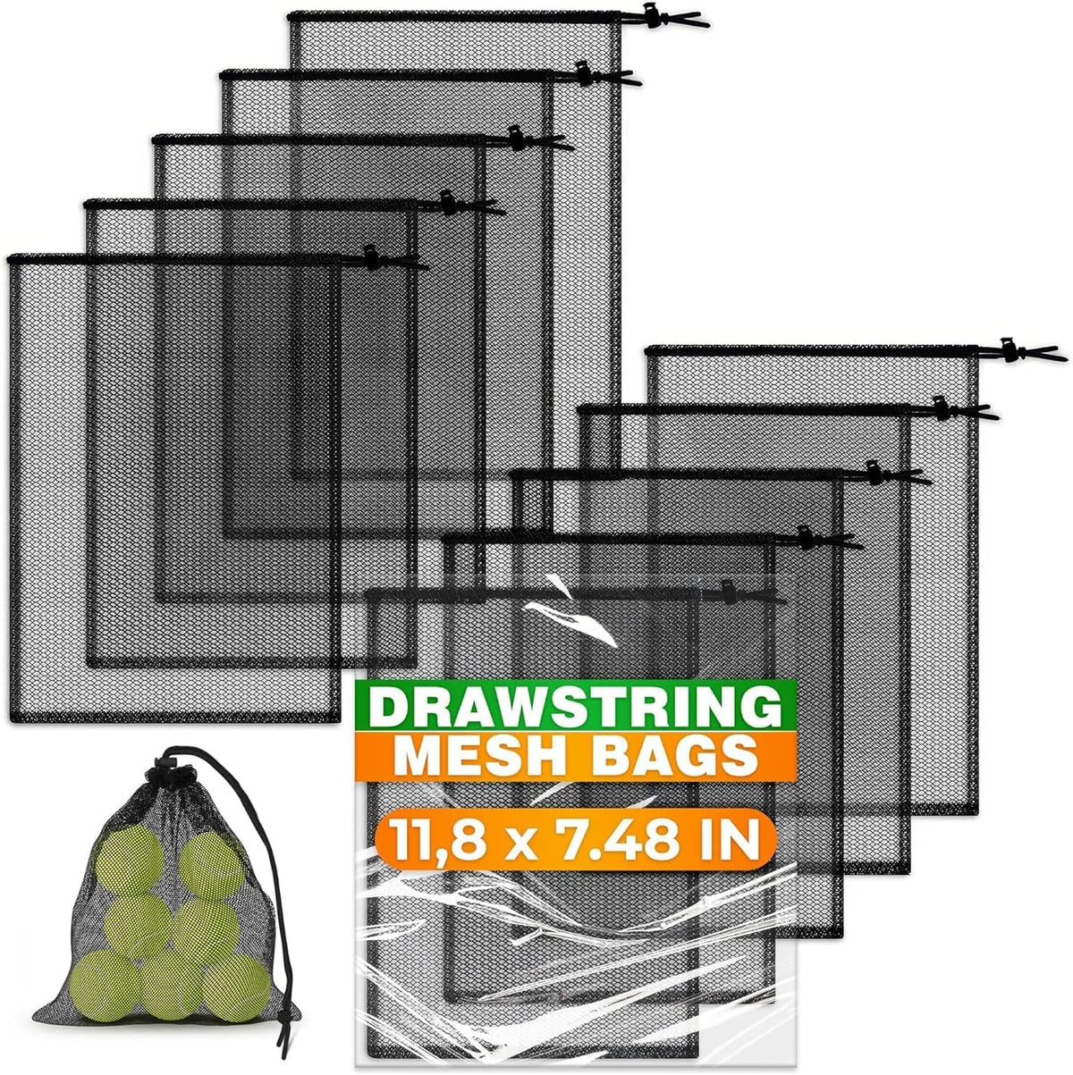 10 Pcs Small Mesh Bags Drawstring, 11.8"x7.48", Polyester (Black)