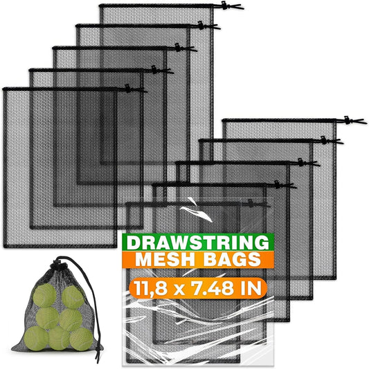 10 Pcs Small Mesh Bags Drawstring, 11.8"x7.48", Polyester (Black)