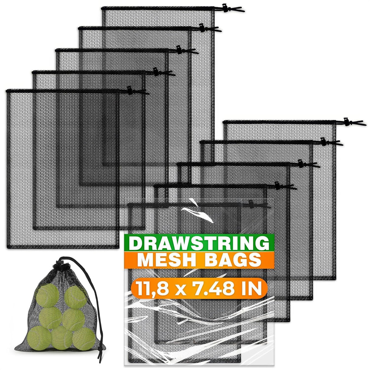 10 Pcs Small Mesh Bags Drawstring, 11.8"x7.48", Polyester (Black)