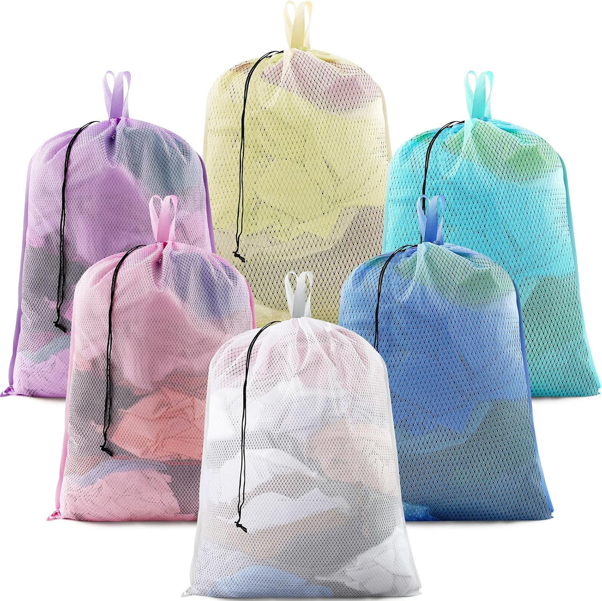 6 Pack Colorful Mesh Laundry Bags with Handles, 24 x 36 Inches