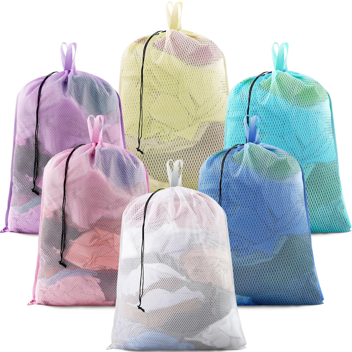 6 Pack Colorful Mesh Laundry Bags with Handles, 24 x 36 Inches