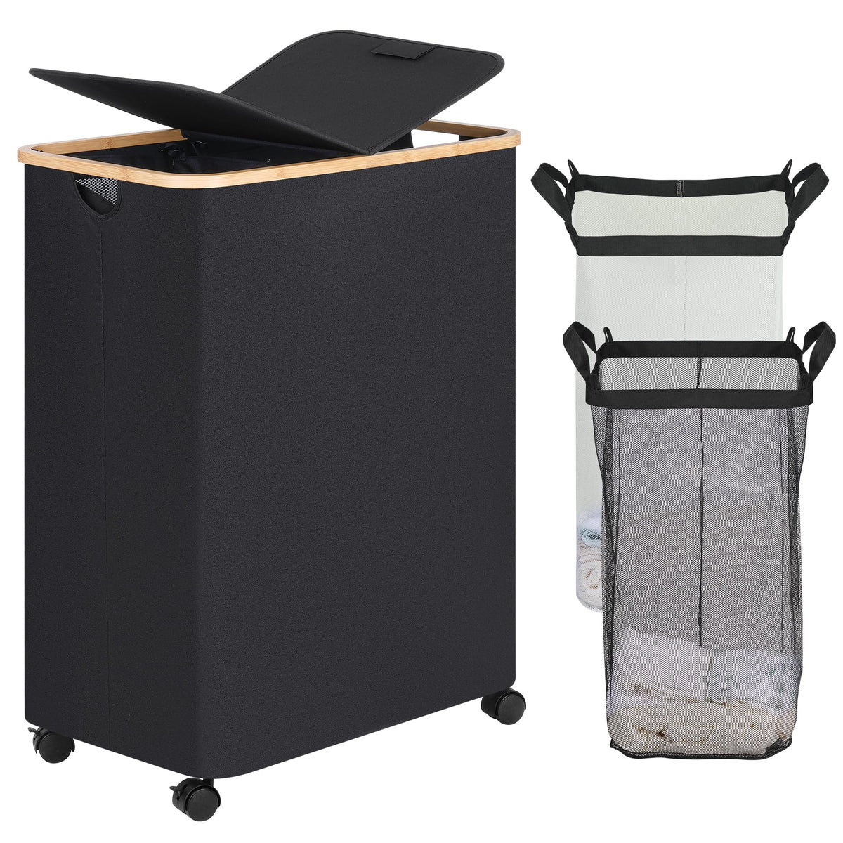 efluky 100L Laundry Basket with Wheels and Lid, Rolling Laundry Hamper with Bamboo Handles and Removable Bag, Dirty Clothes Hamper on Wheels for Laundry Room Organizer, Dorm