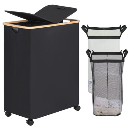 efluky 100L Laundry Basket with Wheels and Lid, Rolling Laundry Hamper with Bamboo Handles and Removable Bag, Dirty Clothes Hamper on Wheels for Laundry Room Organizer, Dorm