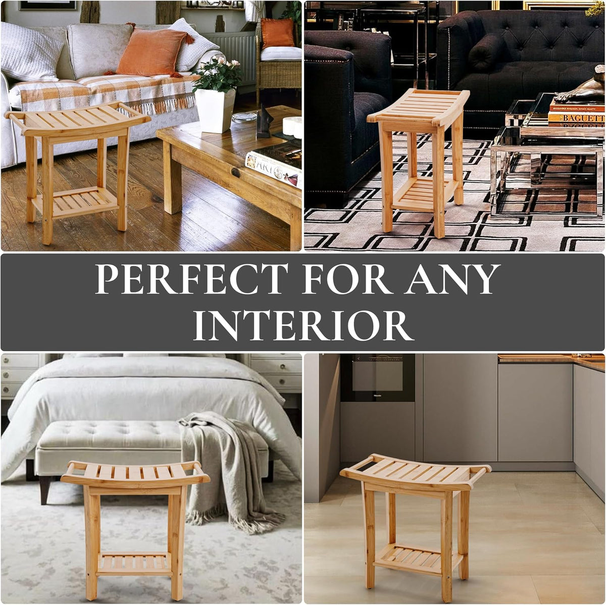 Teak shower bench with Storage Shelf, Shower Stool for Inside Shower, Waterproof Shower Bench Seat, Shower Chair for Inside Shower, Wood Bench, Bathroom Bench (Natural Wood) (Bamboo Wood)