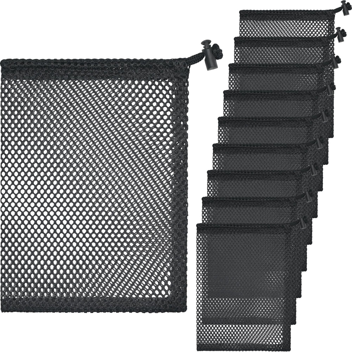 10 Pcs Mesh Drawstring Bag 9" x 12" with Cord Lock Closure, Nylon Durable Heavy Duty Mesh Bag for Laundry Beach Toys Swimming Gym Travel Mushroom Foraging (Black)