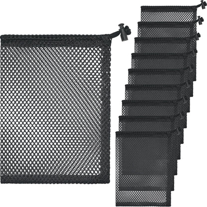 10 Pcs Mesh Drawstring Bag 9" x 12" with Cord Lock Closure, Nylon Durable Heavy Duty Mesh Bag for Laundry Beach Toys Swimming Gym Travel Mushroom Foraging (Black)