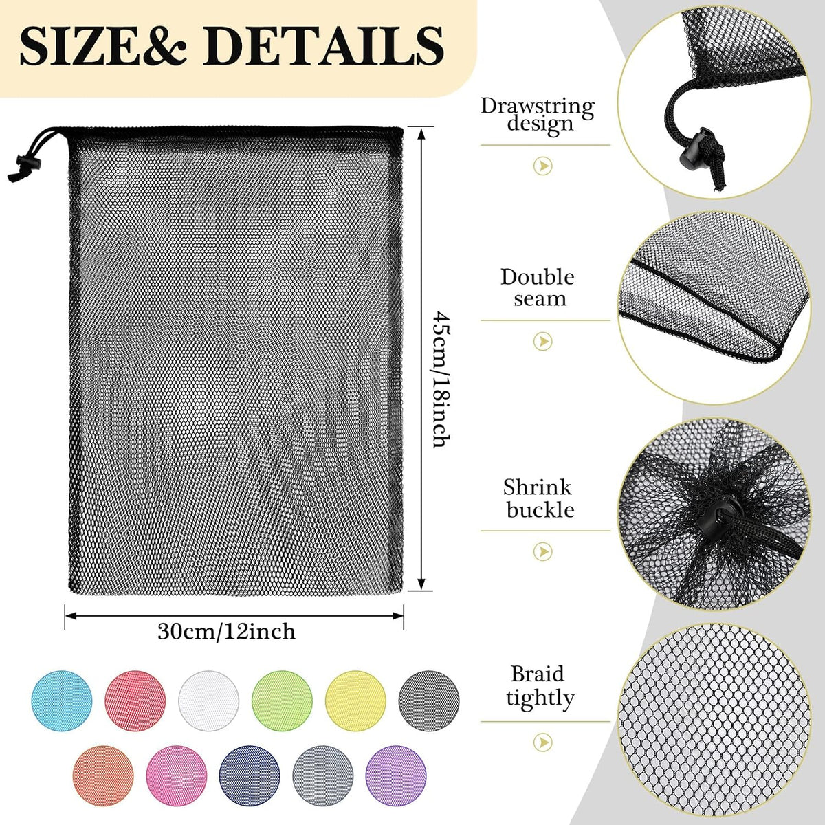 44 Large Mesh Bags with Drawstring Closure - 13.78 x 15.75 Inch, Colorful Mesh Laundry, Gym, Sports, Toys Storage Sacks