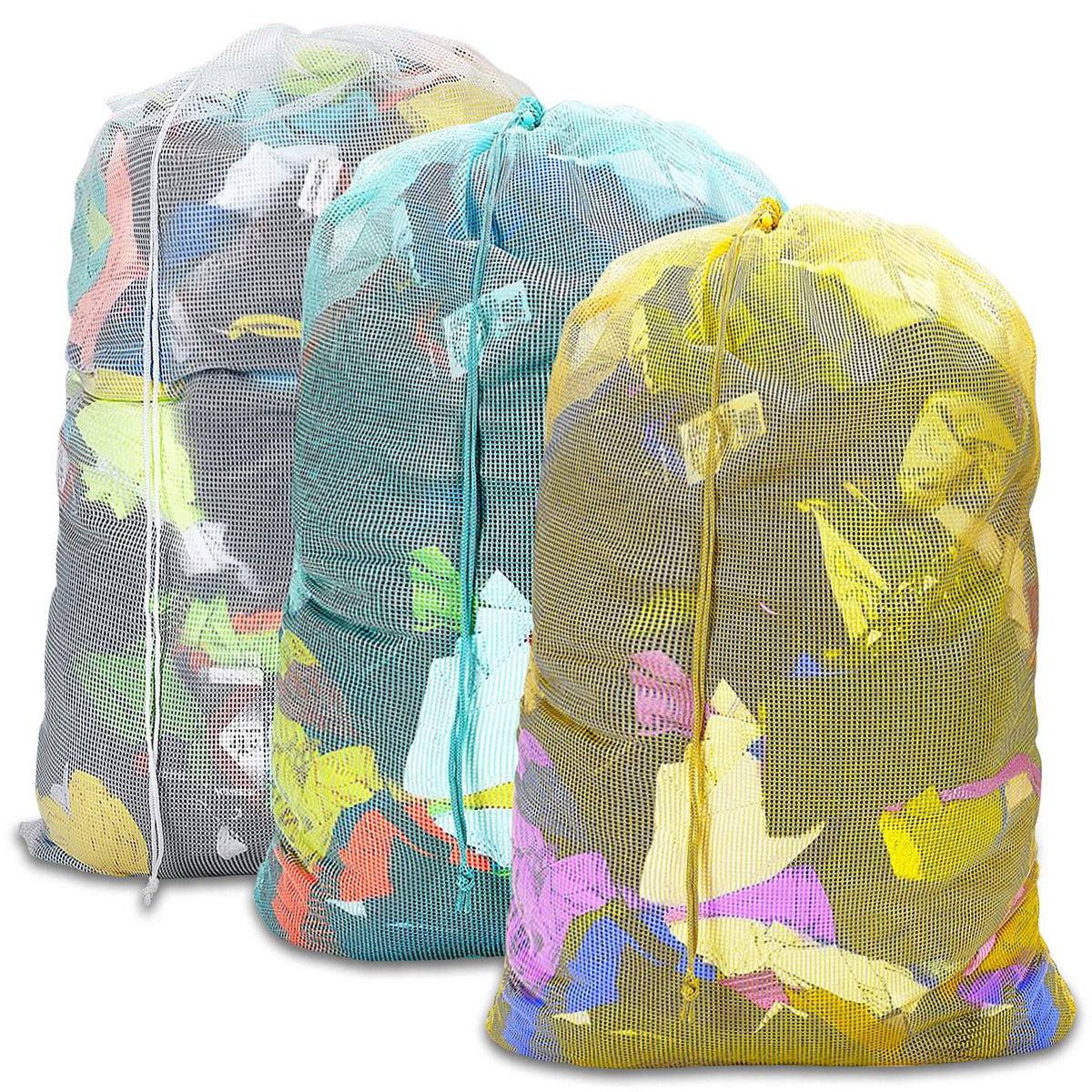Mesh Laundry Bags with Adjustable Shoulder Strap, 24" x 36" Heavy Duty Nylon, Drawstring Closure, 3-Pack, Mixed Colors