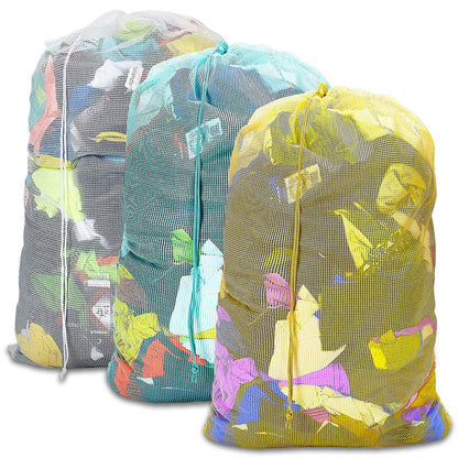Mesh Laundry Bags with Adjustable Shoulder Strap, 24" x 36" Heavy Duty Nylon, Drawstring Closure, 3-Pack, Mixed Colors