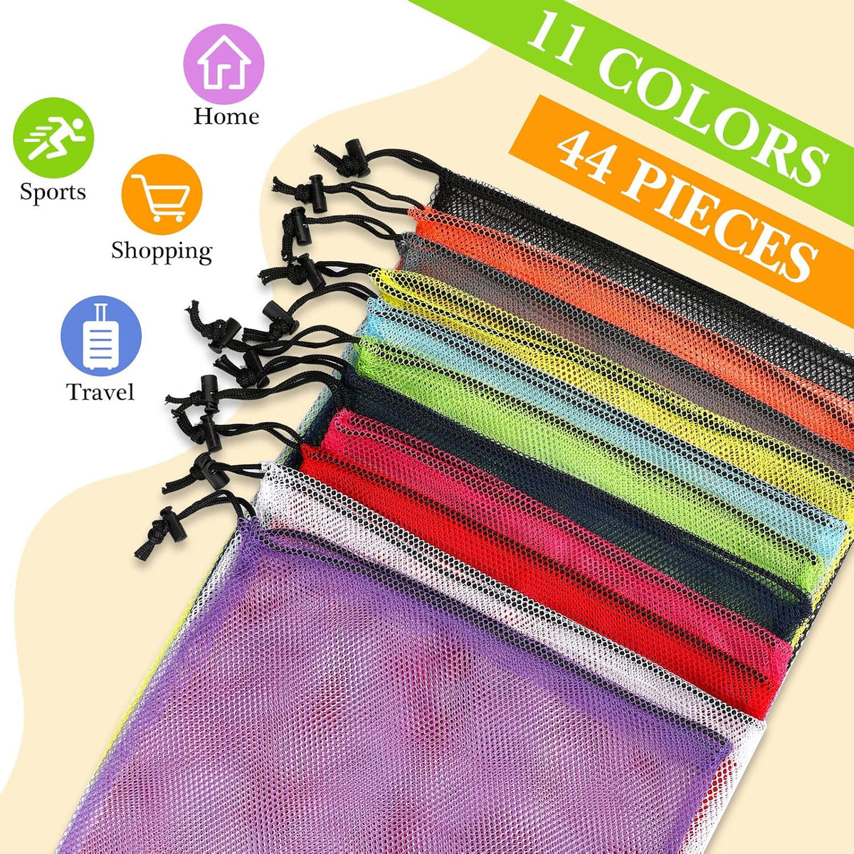 44 Large Mesh Bags with Drawstring Closure - 13.78 x 15.75 Inch, Colorful Mesh Laundry, Gym, Sports, Toys Storage Sacks