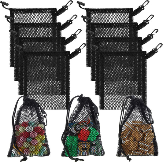 8 Pieces Black Mesh Drawstring Bags with Clips Small Nylon Storage Mesh Bags Shell Bag Dishwasher Net sack for Jewelry Beach Collecting Toys Gifts Travel Kitchen Favor(27.4 x 19 cm/ 10.8 x 7.5 Inch)