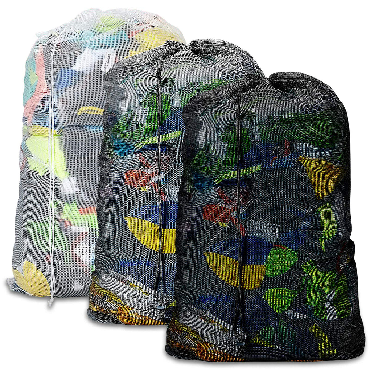 Mesh Laundry Bags with Adjustable Shoulder Strap, 24" x 36" Heavy Duty Nylon, Drawstring Closure, 3-Pack, Mixed Colors