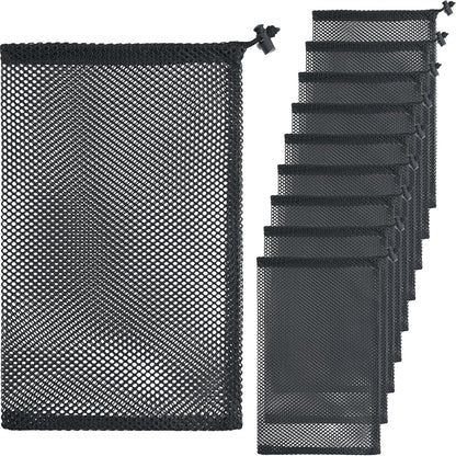 10 Pcs Mesh Drawstring Bag 9" x 12" with Cord Lock Closure, Nylon Durable Heavy Duty Mesh Bag for Laundry Beach Toys Swimming Gym Travel Mushroom Foraging (Black)