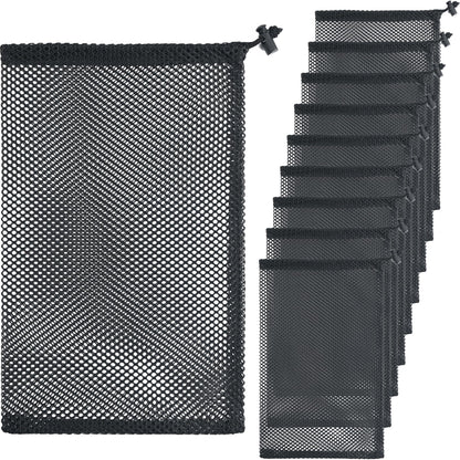 10 Pcs Mesh Drawstring Bag 9" x 12" with Cord Lock Closure, Nylon Durable Heavy Duty Mesh Bag for Laundry Beach Toys Swimming Gym Travel Mushroom Foraging (Black)
